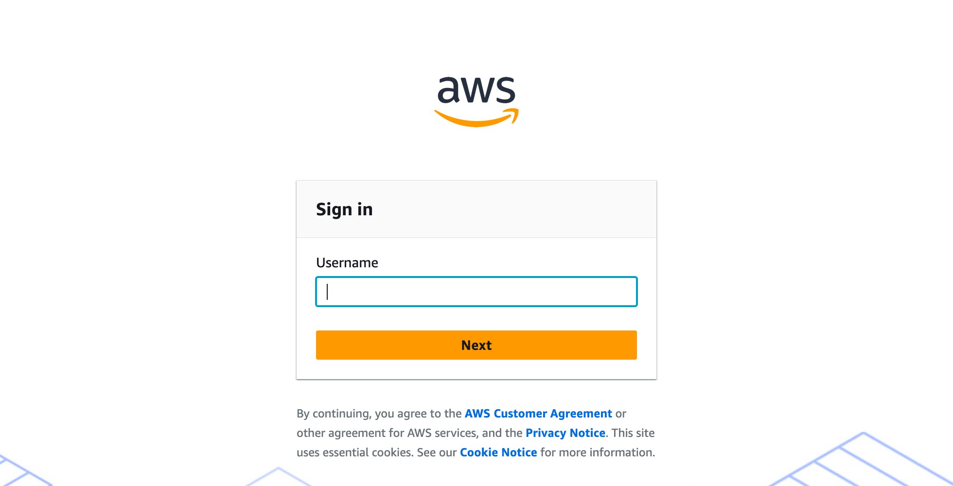 The AWS access portal sign-in page with the Username field and Next button