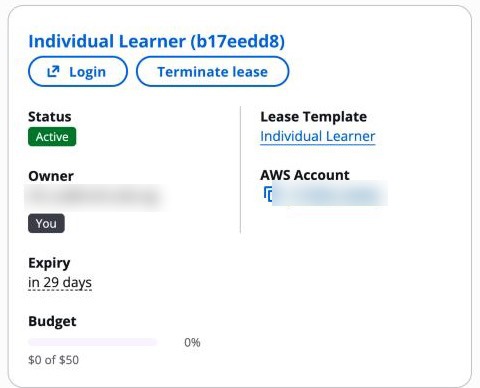 An active Individual Learner lease with the Login and Terminate lease buttons, expiry in 29 days and budget 0 of 50 dollars