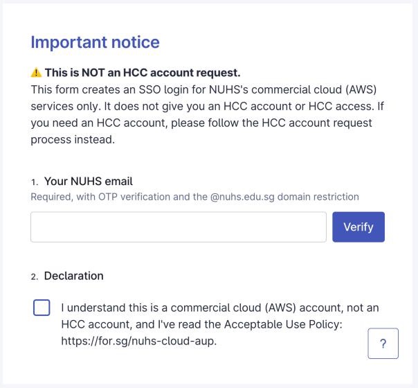 The registration form: the not-an-HCC-account notice, the NUHS email field with Verify, and the declaration checkbox